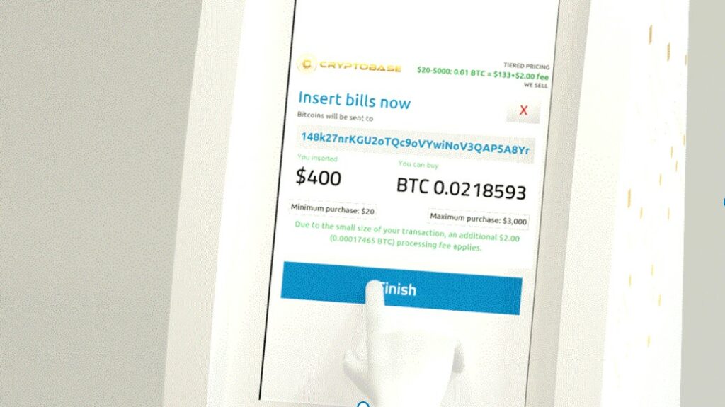 An image displaying a secure transaction at a Cryptobase Bitcoin ATM.