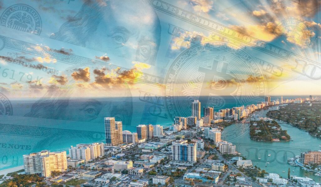 Miami skyline with Bitcoin/dollars overlay representing buying Bitcoin with cash in Miami