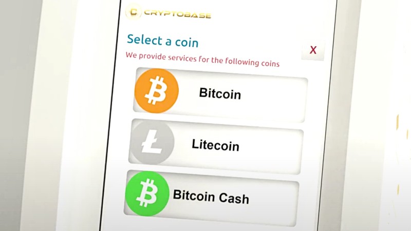 step 3 to buy crypto from a Cryptobase ATM is to select type of coin